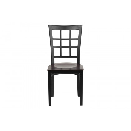 BLNK HERCULES Series Black Metal Window Back Restaurant Chair with Wood Seat - Walnut