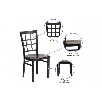 BLNK HERCULES Series Black Metal Window Back Restaurant Chair with Wood Seat - Walnut