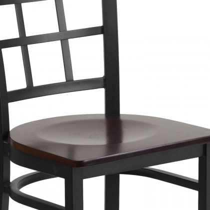 BLNK HERCULES Series Black Metal Window Back Restaurant Chair with Wood Seat - Walnut
