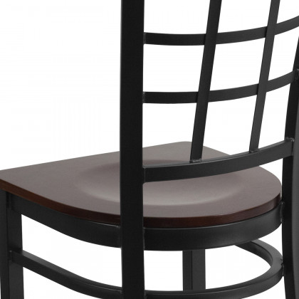 BLNK HERCULES Series Black Metal Window Back Restaurant Chair with Wood Seat - Walnut