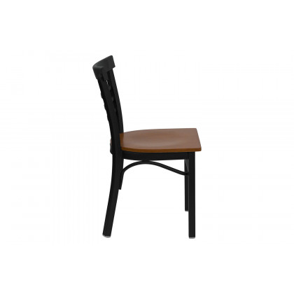 BLNK HERCULES Series Black Metal Three-Slat Ladder Back Restaurant Chair with Wood Seat - Cherry