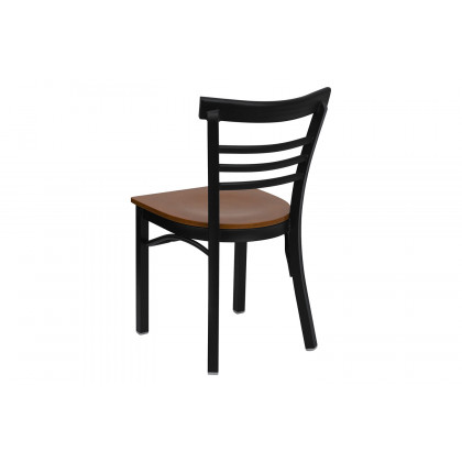 BLNK HERCULES Series Black Metal Three-Slat Ladder Back Restaurant Chair with Wood Seat - Cherry