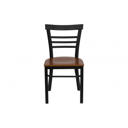 BLNK HERCULES Series Black Metal Three-Slat Ladder Back Restaurant Chair with Wood Seat - Cherry