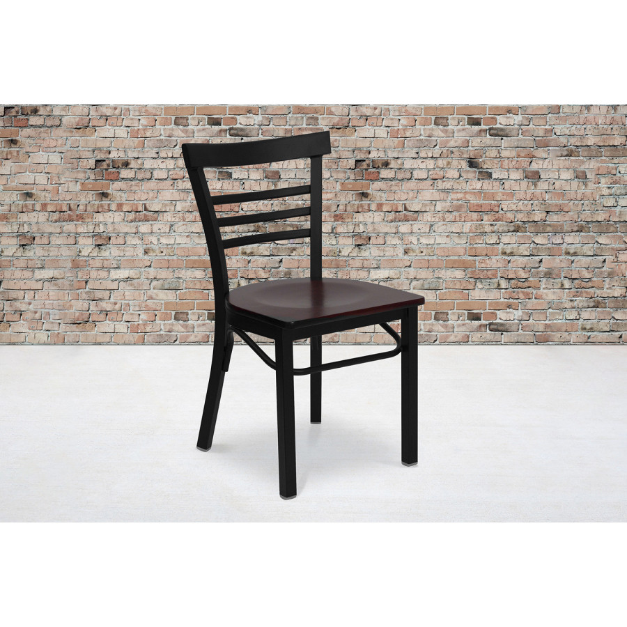 BLNK HERCULES Series Black Metal Three-Slat Ladder Back Restaurant Chair with Wood Seat - Mahogany