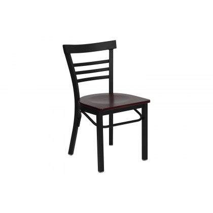 BLNK HERCULES Series Black Metal Three-Slat Ladder Back Restaurant Chair with Wood Seat - Mahogany