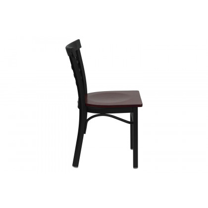 BLNK HERCULES Series Black Metal Three-Slat Ladder Back Restaurant Chair with Wood Seat - Mahogany