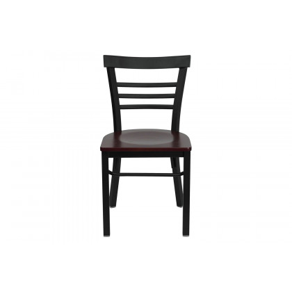BLNK HERCULES Series Black Metal Three-Slat Ladder Back Restaurant Chair with Wood Seat - Mahogany
