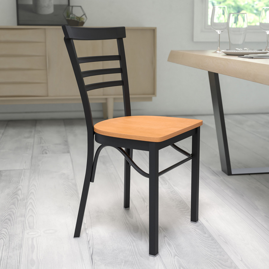 BLNK HERCULES Series Black Metal Three-Slat Ladder Back Restaurant Chair with Wood Seat - Natural
