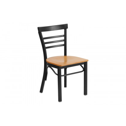 BLNK HERCULES Series Black Metal Three-Slat Ladder Back Restaurant Chair with Wood Seat - Natural