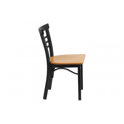 BLNK HERCULES Series Black Metal Three-Slat Ladder Back Restaurant Chair with Wood Seat - Natural