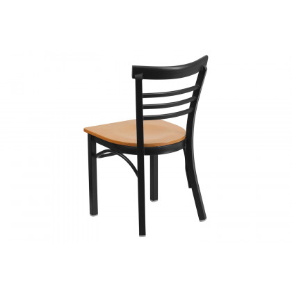 BLNK HERCULES Series Black Metal Three-Slat Ladder Back Restaurant Chair with Wood Seat - Natural
