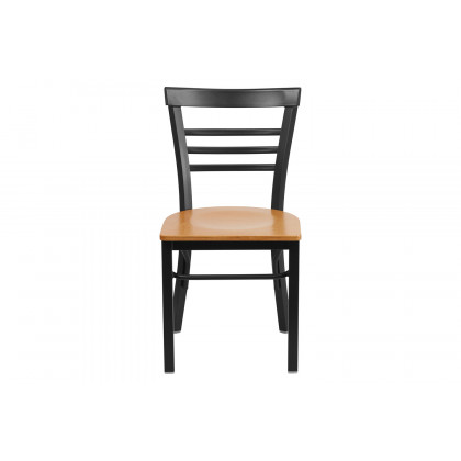 BLNK HERCULES Series Black Metal Three-Slat Ladder Back Restaurant Chair with Wood Seat - Natural