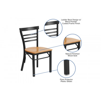 BLNK HERCULES Series Black Metal Three-Slat Ladder Back Restaurant Chair with Wood Seat - Natural