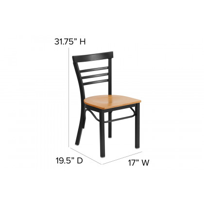 BLNK HERCULES Series Black Metal Three-Slat Ladder Back Restaurant Chair with Wood Seat - Natural