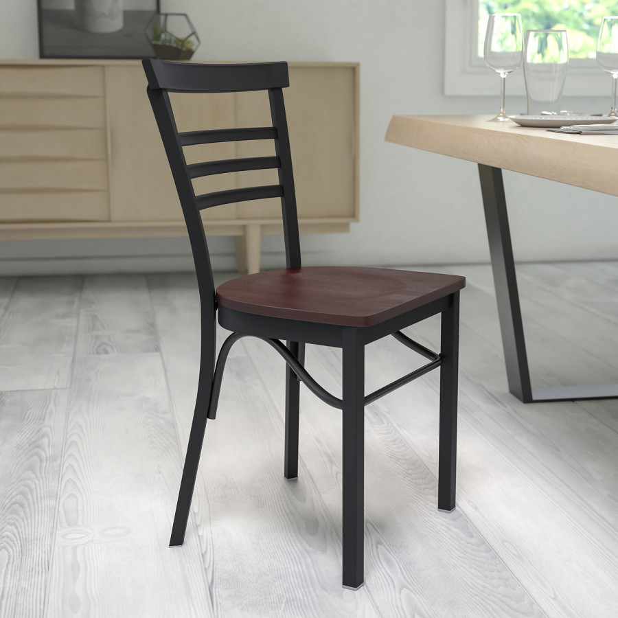 BLNK HERCULES Series Black Metal Three-Slat Ladder Back Restaurant Chair with Wood Seat - Walnut