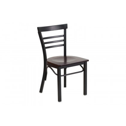 BLNK HERCULES Series Black Metal Three-Slat Ladder Back Restaurant Chair with Wood Seat - Walnut