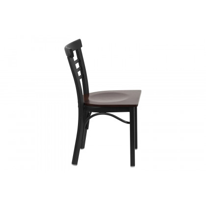 BLNK HERCULES Series Black Metal Three-Slat Ladder Back Restaurant Chair with Wood Seat - Walnut