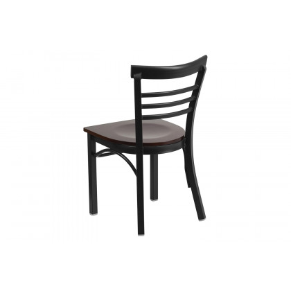 BLNK HERCULES Series Black Metal Three-Slat Ladder Back Restaurant Chair with Wood Seat - Walnut