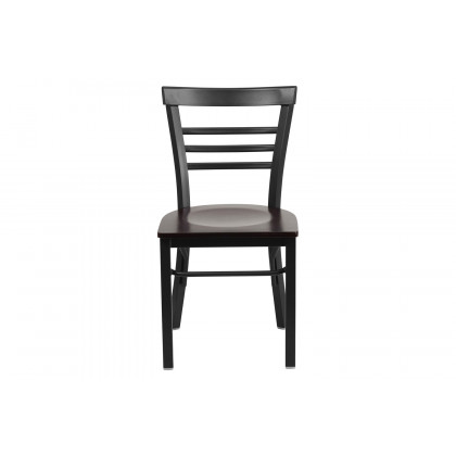 BLNK HERCULES Series Black Metal Three-Slat Ladder Back Restaurant Chair with Wood Seat - Walnut