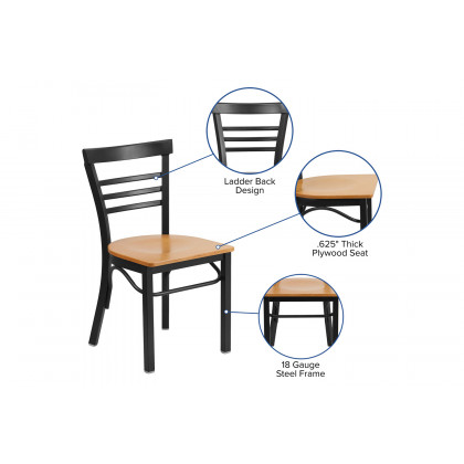 BLNK HERCULES Series Black Metal Three-Slat Ladder Back Restaurant Chair with Wood Seat - Walnut
