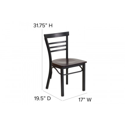 BLNK HERCULES Series Black Metal Three-Slat Ladder Back Restaurant Chair with Wood Seat - Walnut