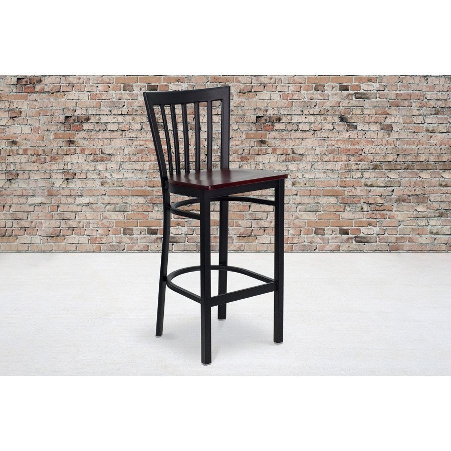 BLNK HERCULES Series Black Metal School House Back Restaurant Bar Stool with Wood Seat - Mahogany