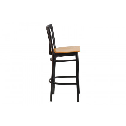 BLNK HERCULES Series Black Metal School House Back Restaurant Bar Stool with Wood Seat - Natural