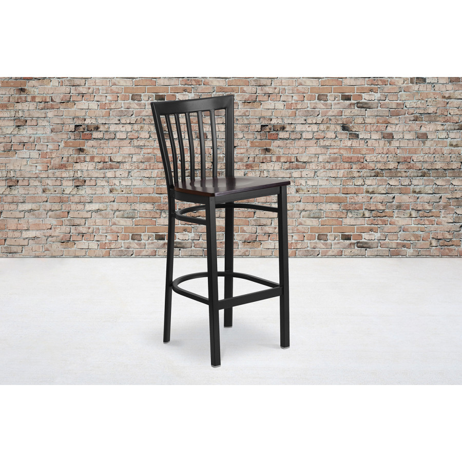BLNK HERCULES Series Black Metal School House Back Restaurant Bar Stool with Wood Seat - Walnut