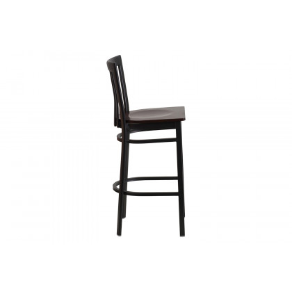 BLNK HERCULES Series Black Metal School House Back Restaurant Bar Stool with Wood Seat - Walnut