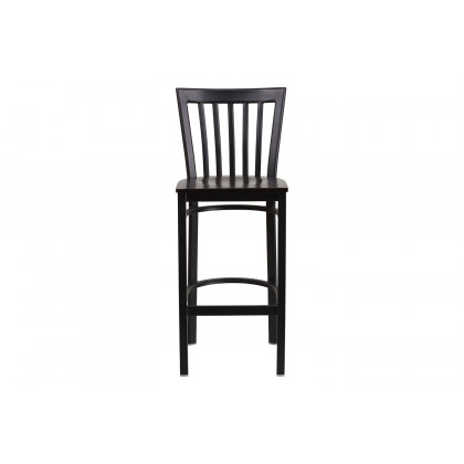 BLNK HERCULES Series Black Metal School House Back Restaurant Bar Stool with Wood Seat - Walnut
