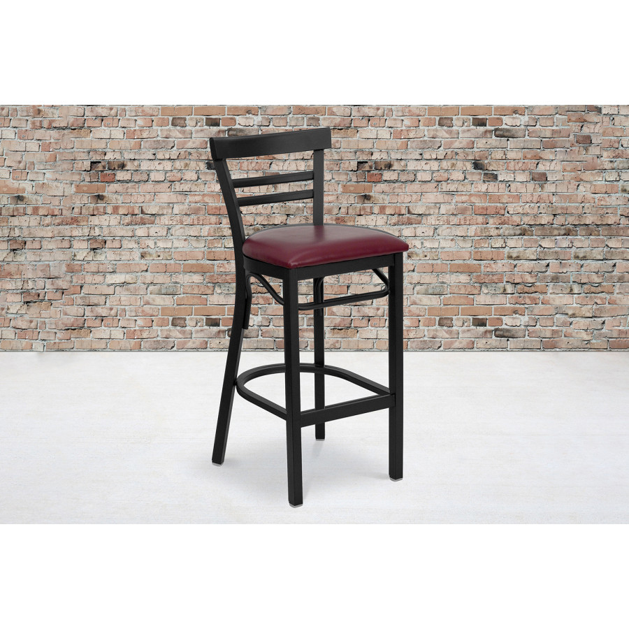 BLNK HERCULES Series Black Metal Two-Slat Ladder Back Restaurant Bar Stool with Vinyl Seat - Burgundy