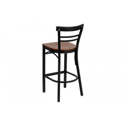 BLNK HERCULES Series Black Metal Two-Slat Ladder Back Restaurant Bar Stool with Wood Seat - Cherry