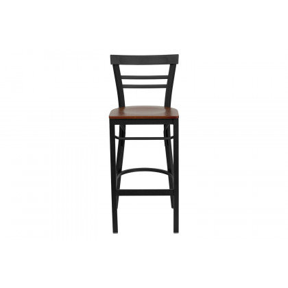 BLNK HERCULES Series Black Metal Two-Slat Ladder Back Restaurant Bar Stool with Wood Seat - Cherry