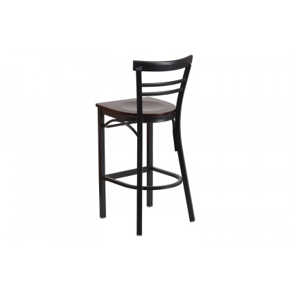 BLNK HERCULES Series Black Metal Two-Slat Ladder Back Restaurant Bar Stool with Wood Seat - Walnut
