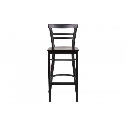 BLNK HERCULES Series Black Metal Two-Slat Ladder Back Restaurant Bar Stool with Wood Seat - Walnut