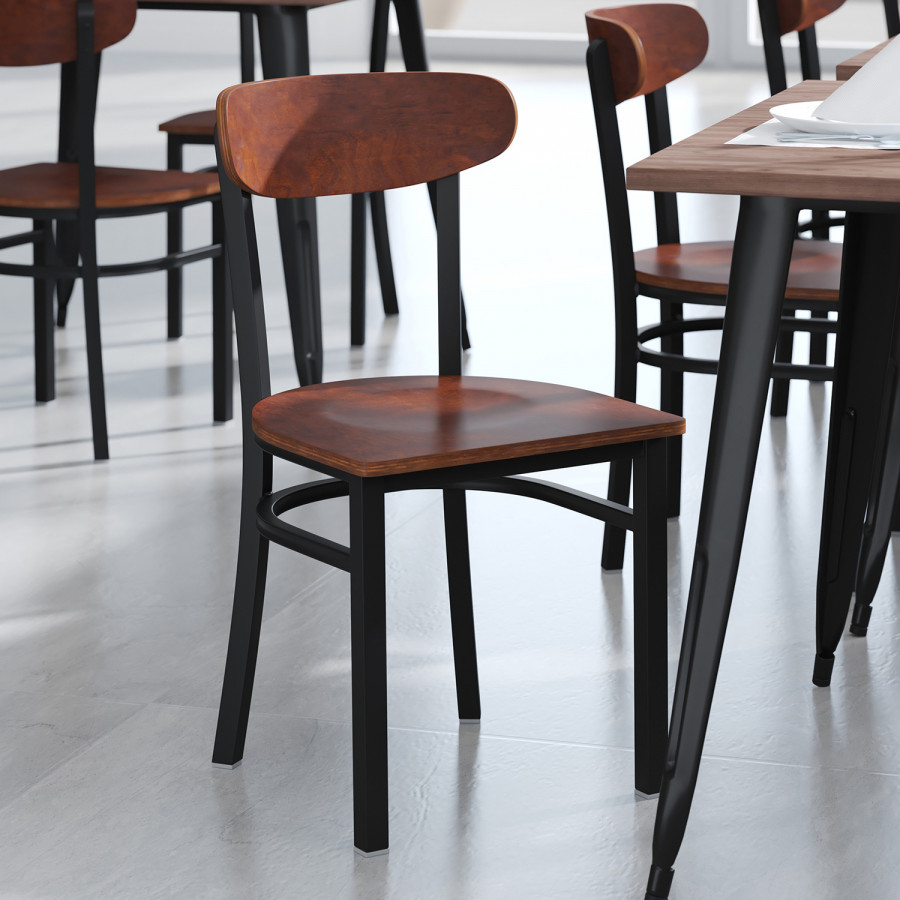 BLNK - Wright Commercial Dining Chair with Black Steel Frame, Solid Wood Seat, and Boomerang Back