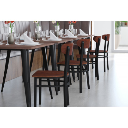 BLNK Wright Commercial Dining Chair with Black Steel Frame, Solid Wood Seat, and Boomerang Back - Walnut