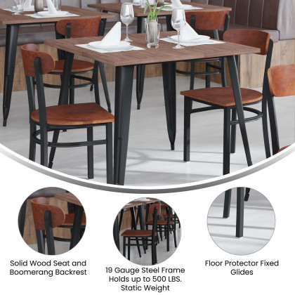 BLNK Wright Commercial Dining Chair with Black Steel Frame, Solid Wood Seat, and Boomerang Back - Walnut