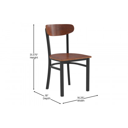 BLNK Wright Commercial Dining Chair with Black Steel Frame, Solid Wood Seat, and Boomerang Back - Walnut