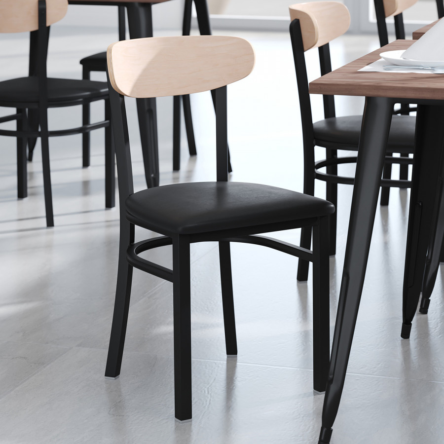 BLNK Wright Commercial Vinyl Dining Chair with Natural Birch Finish Wooden Boomerang Back - Black