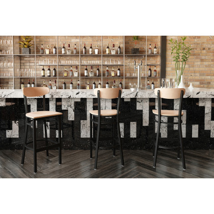 BLNK Wright Commercial Bar Stool Black Steel Frame with Wooden Boomerang Back and Solid Wood Seat - Natural Birch