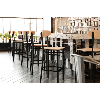 BLNK Wright Commercial Bar Stool Black Steel Frame with Wooden Boomerang Back and Solid Wood Seat - Natural Birch