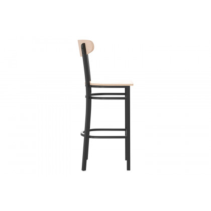 BLNK Wright Commercial Bar Stool Black Steel Frame with Wooden Boomerang Back and Solid Wood Seat - Natural Birch