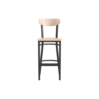 BLNK Wright Commercial Bar Stool Black Steel Frame with Wooden Boomerang Back and Solid Wood Seat - Natural Birch