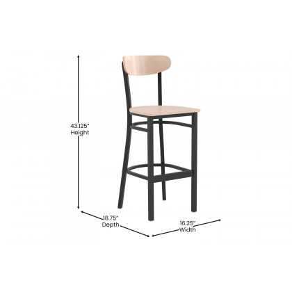 BLNK Wright Commercial Bar Stool Black Steel Frame with Wooden Boomerang Back and Solid Wood Seat - Natural Birch