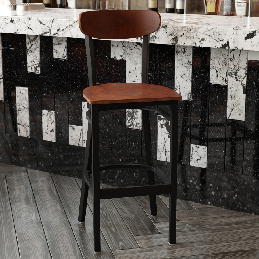 BLNK - Wright Commercial Bar Stool Black Steel Frame with Wooden Boomerang Back and Solid Wood Seat