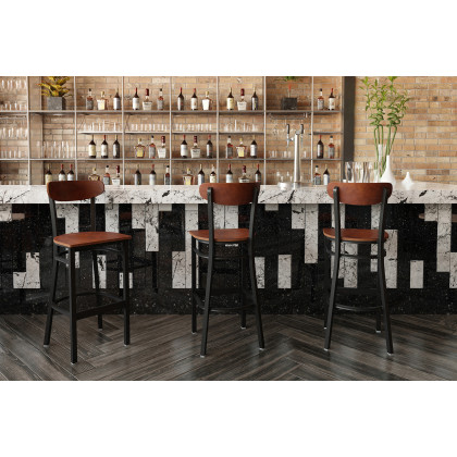 BLNK - Wright Commercial Bar Stool Black Steel Frame with Wooden Boomerang Back and Solid Wood Seat