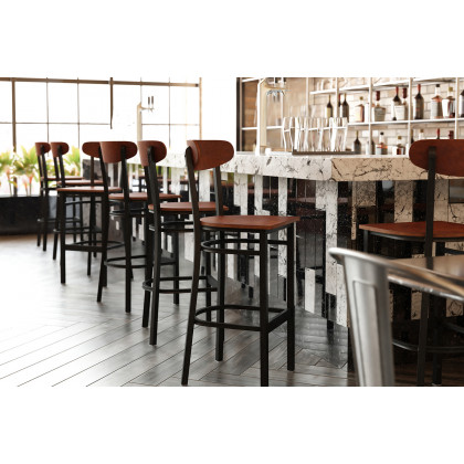 BLNK Wright Commercial Bar Stool Black Steel Frame with Wooden Boomerang Back and Solid Wood Seat - Walnut