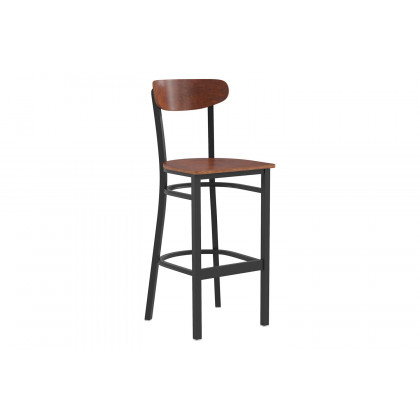 BLNK Wright Commercial Bar Stool Black Steel Frame with Wooden Boomerang Back and Solid Wood Seat - Walnut