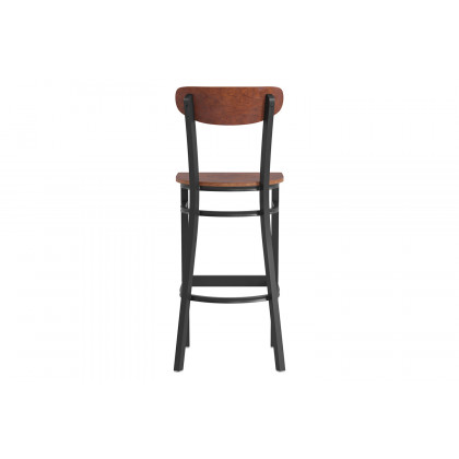BLNK Wright Commercial Bar Stool Black Steel Frame with Wooden Boomerang Back and Solid Wood Seat - Walnut